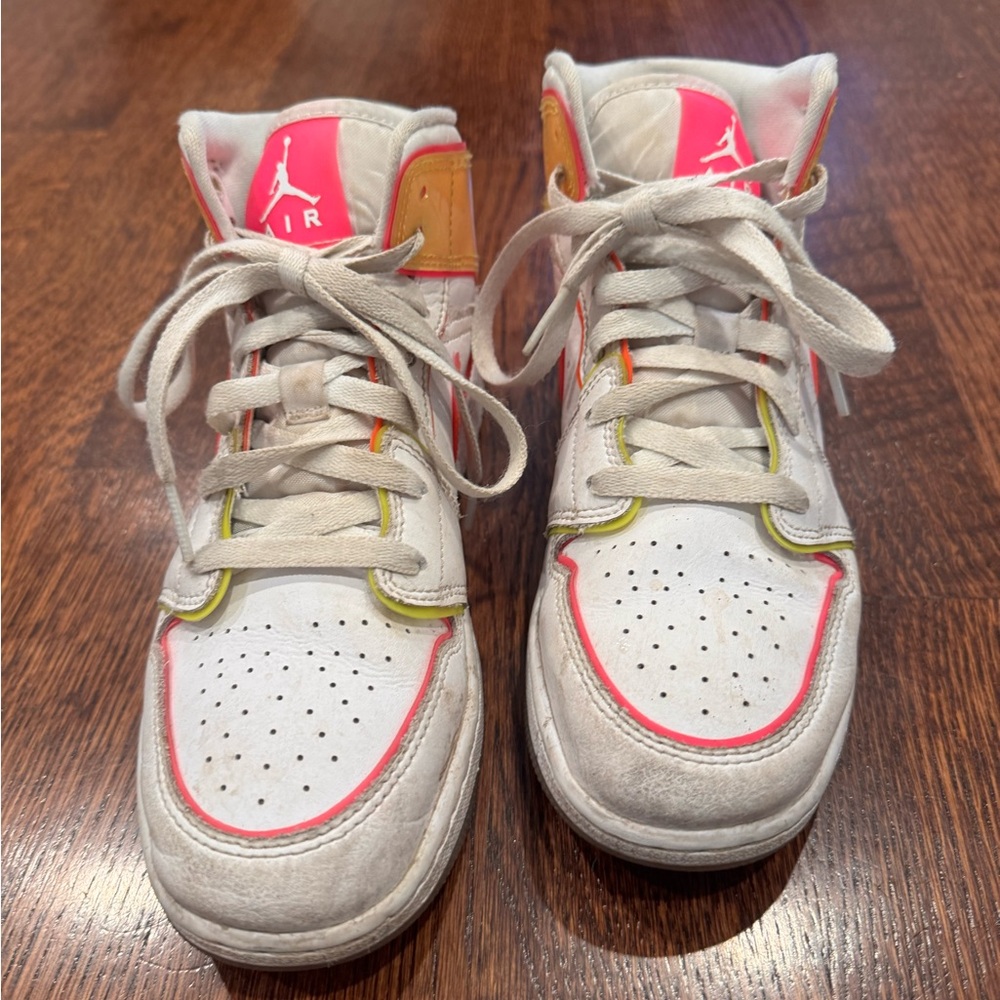 Jordan Kids High-Top Sneakers in White with Pink and Yellow Accents